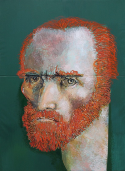 Retrat de Van Gogh a partir del seu autoretrat: cara en verds i rosats pàl·lids, cabells i barba de pinzellada taronja encesa, sobre fons verd fosc pla. Dues teles unides amb la junta visible a l'alçada dels ulls.