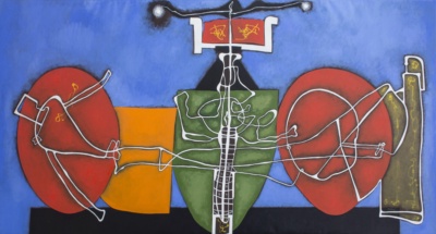 Sobre fons blau, tres masses de color —vermella, verda amb ratlles i vermella— travades per una línia blanca contínua que dibuixa figures esteses; al capdamunt, un plafó amb dues figures menudes sobre vermell i un pal amb el braç obert. Un quadrat taronja a la base.