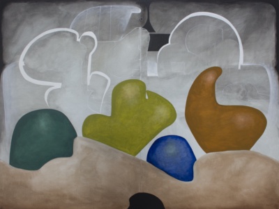 Grup de formes arrodonides —verd fosc, verd oliva, blau i ocre— arrenglerades sobre una franja de terra clara; al darrere, siluetes de contorn blanc sobre grisos velats. Una massa negra tanca la base.