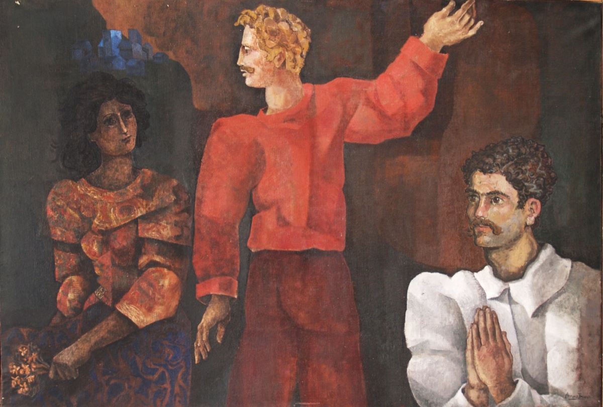 Tres figures: una dona asseguda de brusa estampada a l'esquerra, un home ros dret al centre —camisa vermella, un braç alçat— i un home de blanc amb les mans juntes en primer terme a la dreta. Paleta de vermells i terres.