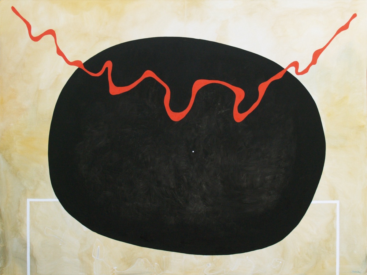 Una gran forma oval negra sobre fons crema velat; un traç vermell ondulat la recorre per la part alta, i un rectangle de línia blanca s'obre a la base.