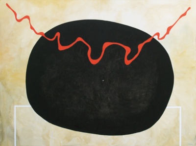 Una gran forma oval negra sobre fons crema velat; un traç vermell ondulat la recorre per la part alta, i un rectangle de línia blanca s'obre a la base.