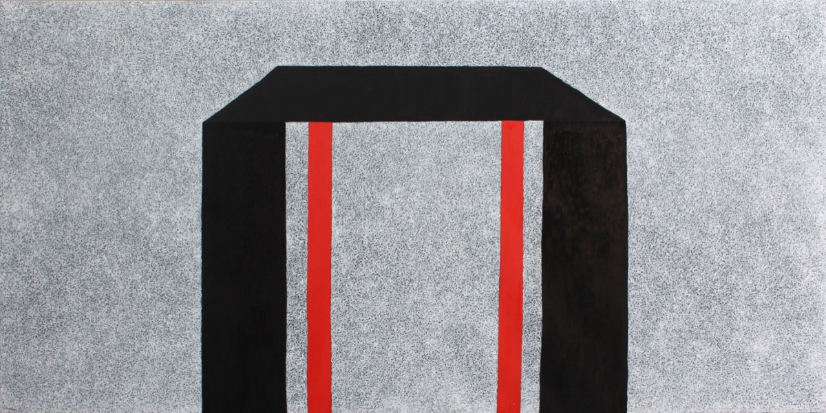 Un pòrtic negre de tres costats amb dos muntants vermells a dins, centrat sobre un fons gris de textura puntejada. Composició frontal i simètrica.