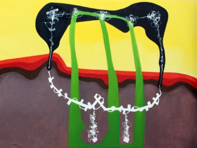 Tres tiges verdes que baixen d'una forma negra estesa amb grafismes blancs, sobre fons groc i una franja de terra granat i vermella; una garlanda de baules blanques les travessa amb penjolls de filferro dibuixat.