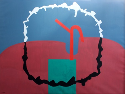 Sobre fons blau i una gran massa vermella ajaguda, un collar circular de traç blanc a dalt i negre a baix; al mig, una peça vermella en forma de canya i un rectangle verd.