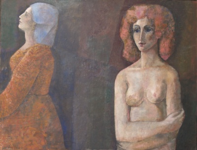 Dues figures femenines sobre fons fosc: a l'esquerra, de perfil i mirant amunt, amb vel blanc i vestit ocre estampat; a la dreta, de front, nua de cintura amunt, amb la cabellera rossa i vermella encesa.