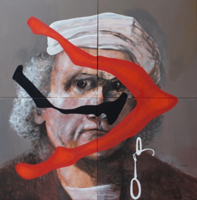 Políptic de quatre plafons sobre un autoretrat de Rembrandt en grisos: una forma vermella de dues banyes el travessa de banda a banda, amb una taca negra sota els ulls i un fermall de traç blanc a l'angle inferior.