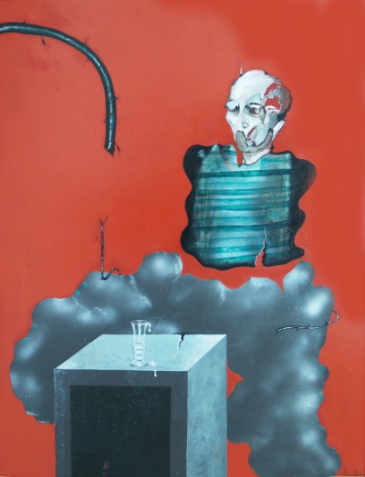 Sobre fons vermell pla, un bust de cap pelat i cara partida en dos treu el cap d'una caixa de làmines verdes de contorn escapçat; a sota, un núvol gris i un pedestal amb un got estriat. Un tub fosc entra per l'angle superior esquerre.