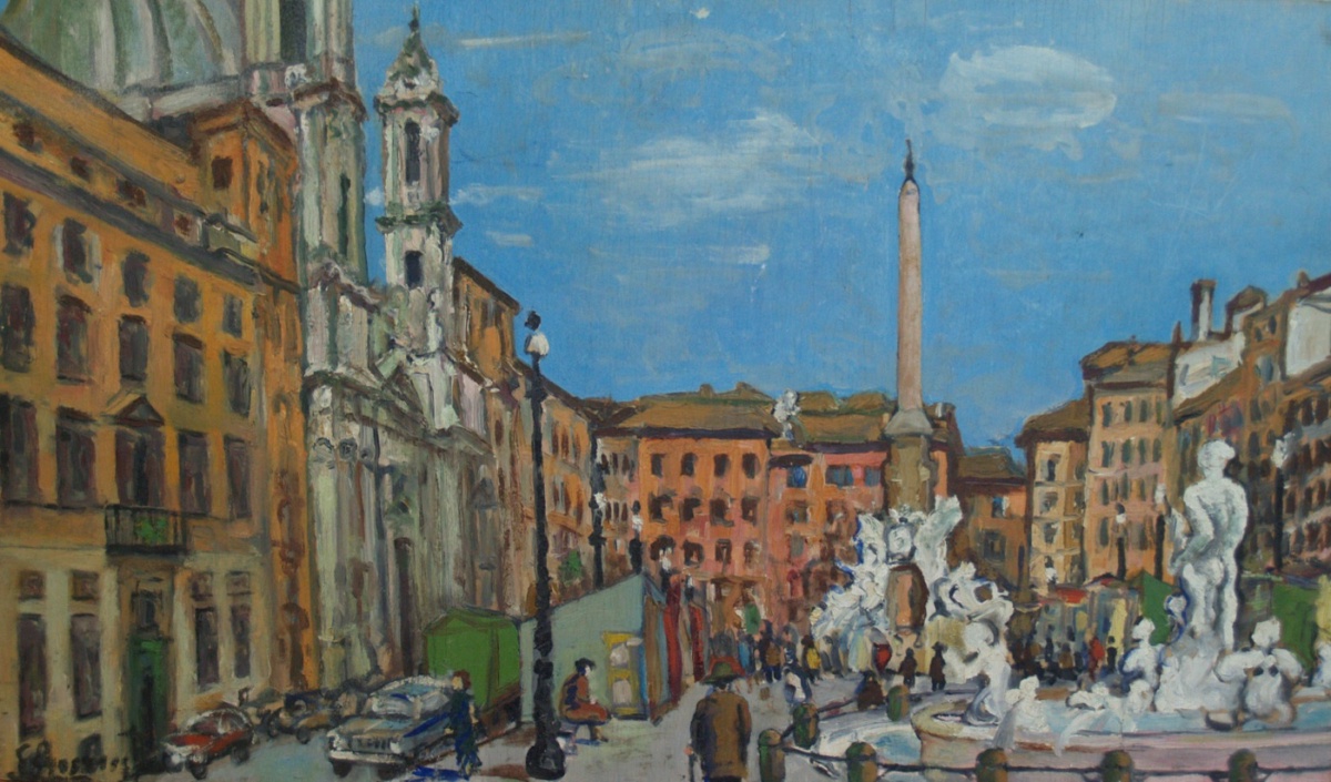 La plaça Navona de Roma: l'església amb campanar i cúpula a l'esquerra, l'obelisc i les fonts amb escultures blanques a la dreta, gent passejant i façanes ocres i vermelles sota un cel blau. Oli sobre fusta.